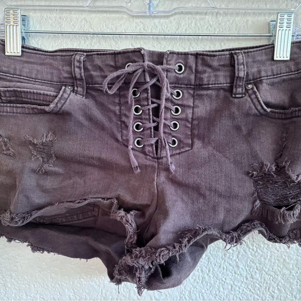 Billabong Lace-Up Distressed High-Rise Denim Jean Shorts Black Size 25